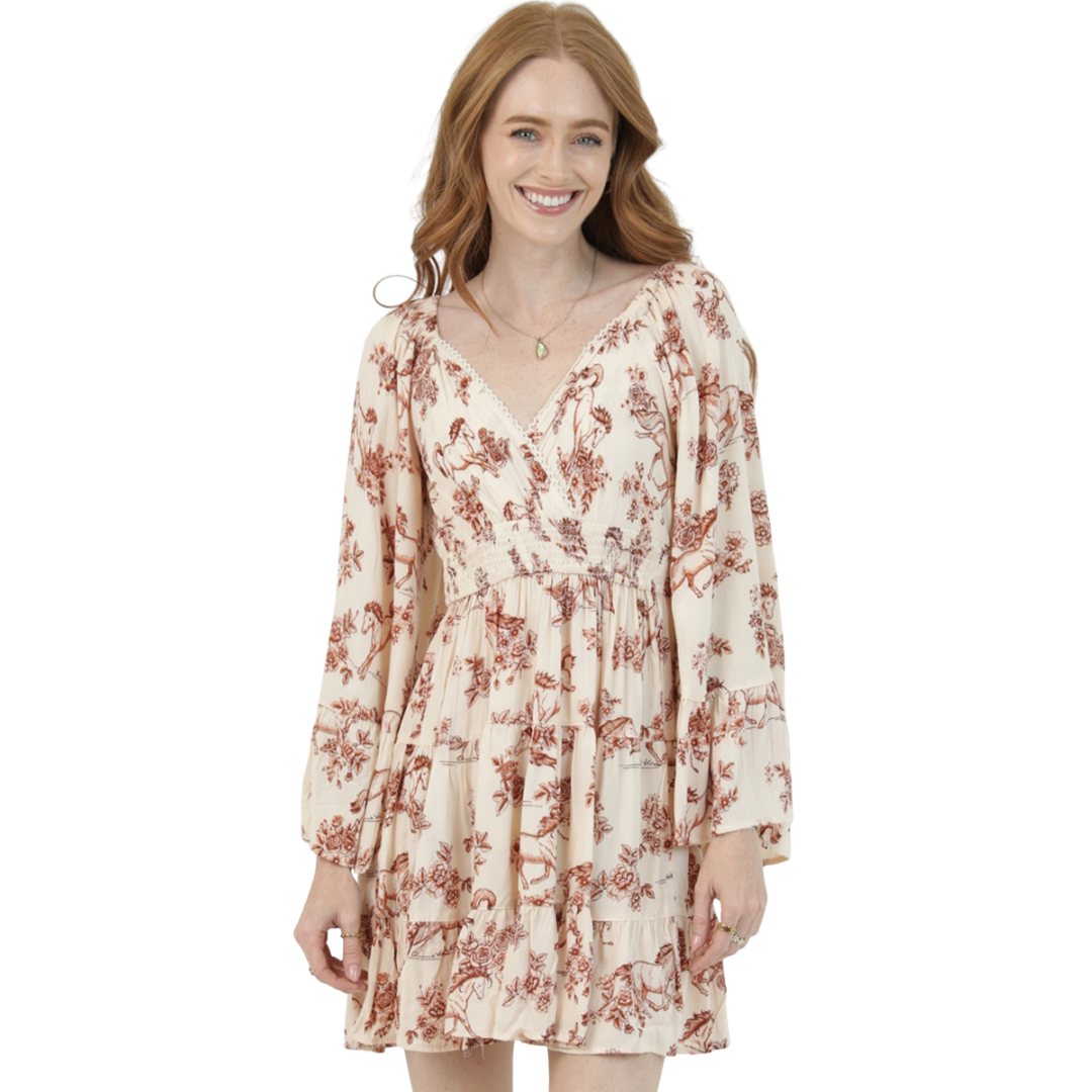 Angie Ladies Ivory Horse Print Wide Bell Sleeve Tiered Mini Dress C4G67-WB49