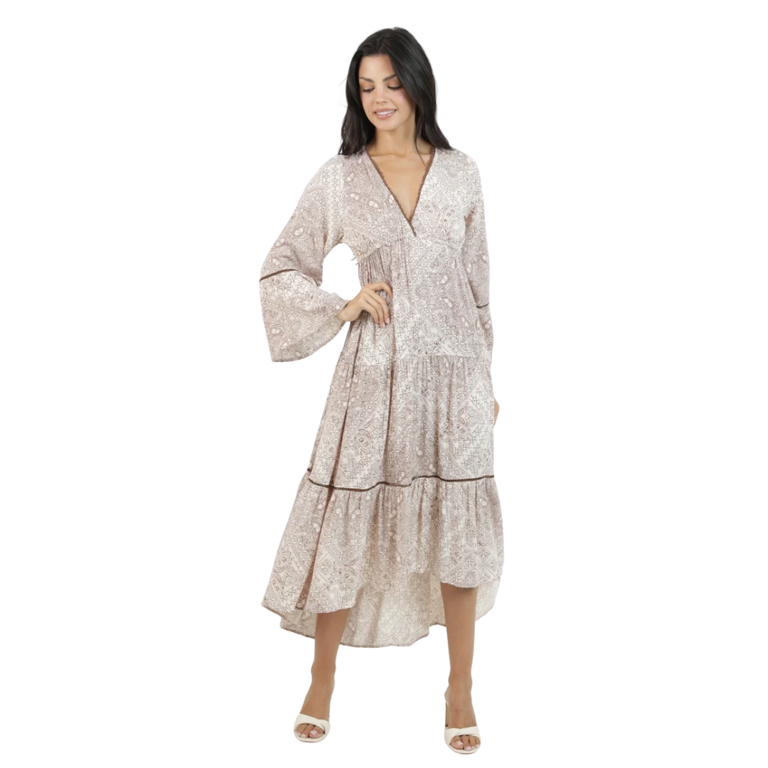 Angie Ladies Cocoa Printed Flare Sleeve Lace Trim Maxi Dress C4L54-AA10
