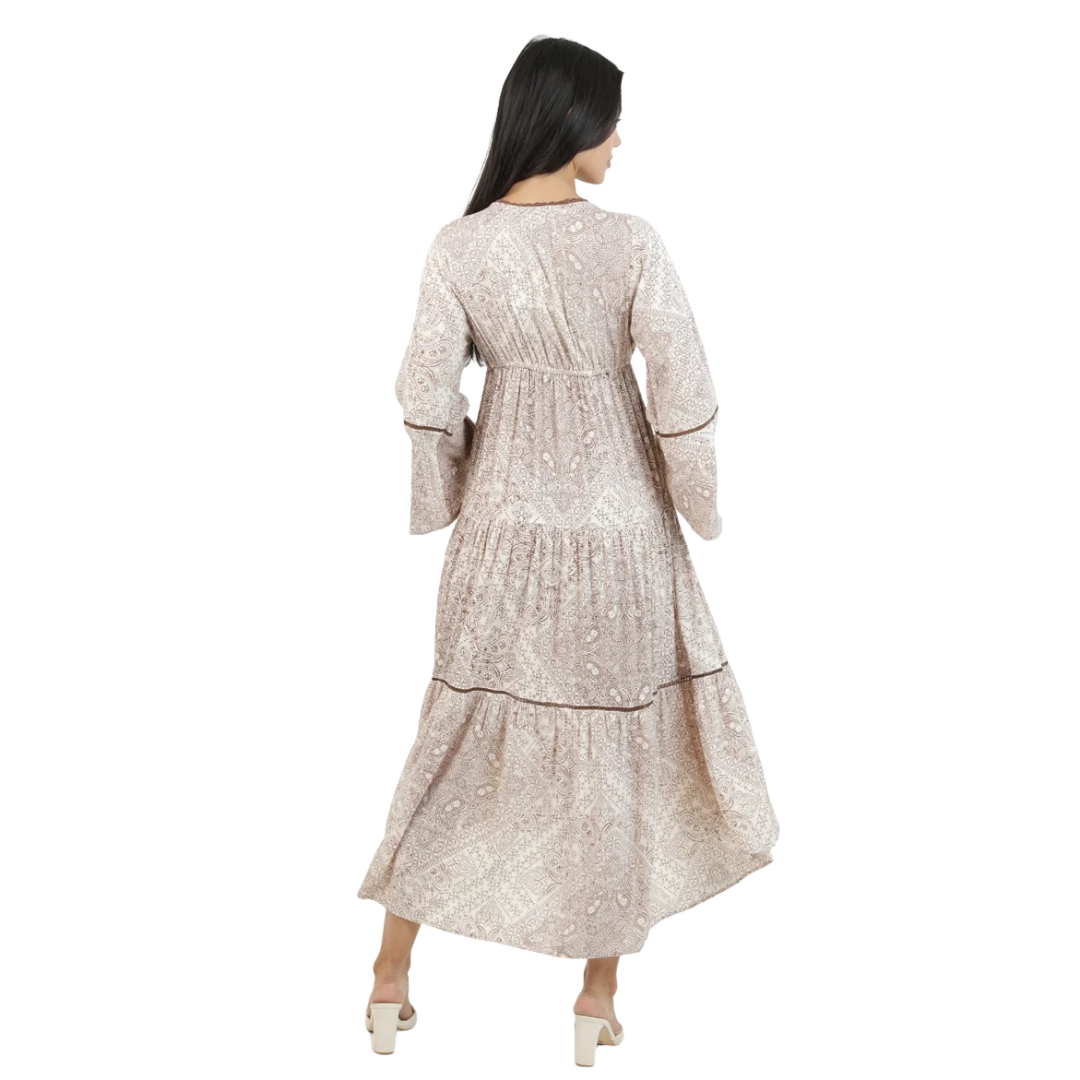 Angie Ladies Cocoa Printed Flare Sleeve Lace Trim Maxi Dress C4L54-AA10