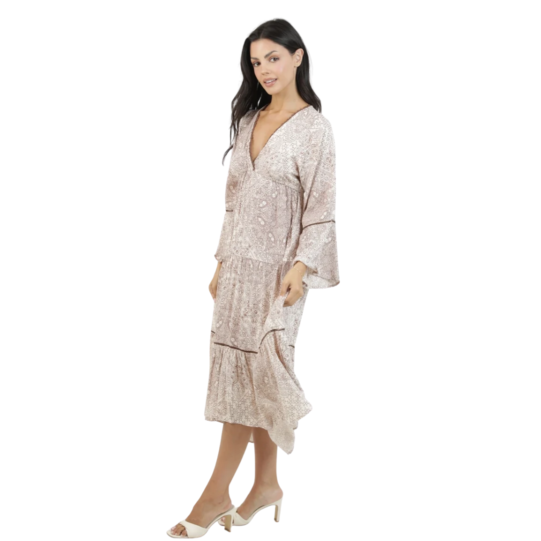 Angie Ladies Cocoa Printed Flare Sleeve Lace Trim Maxi Dress C4L54-AA10