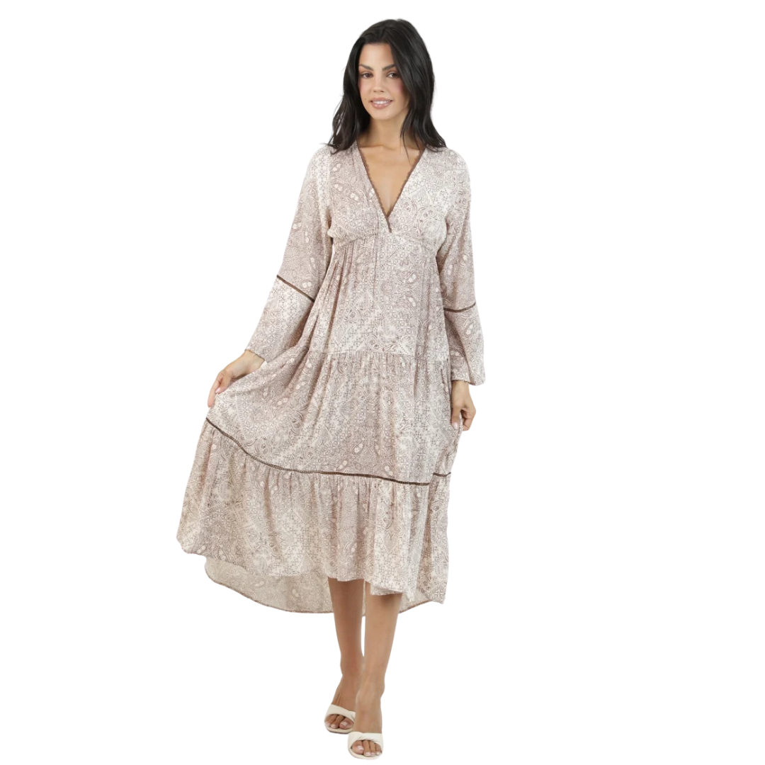 Angie Ladies Cocoa Printed Flare Sleeve Lace Trim Maxi Dress C4L54-AA10