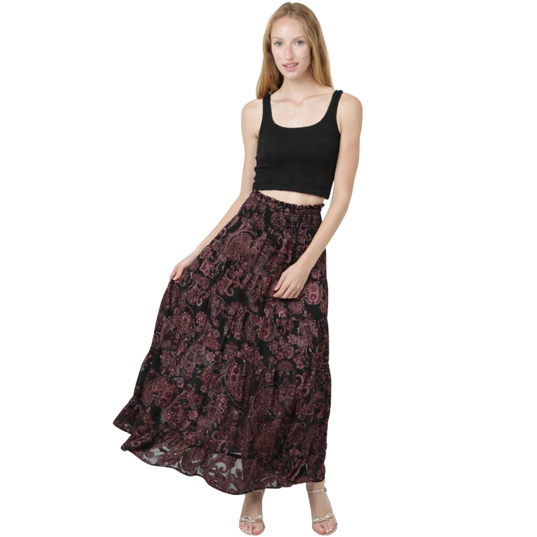 Angie Ladies Black Burnout Satin Tiered A Line Maxi Skirt 26P57-SN34