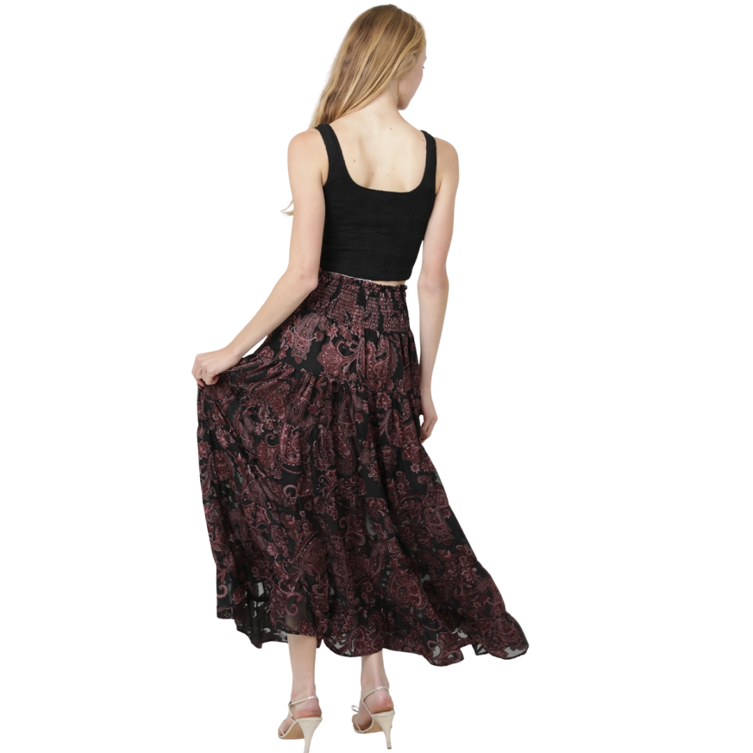 Angie Ladies Black Burnout Satin Tiered A Line Maxi Skirt 26P57-SN34