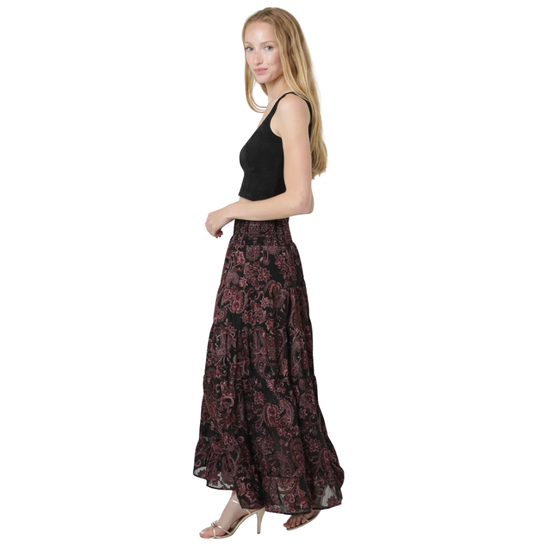 Angie Ladies Black Burnout Satin Tiered A Line Maxi Skirt 26P57-SN34