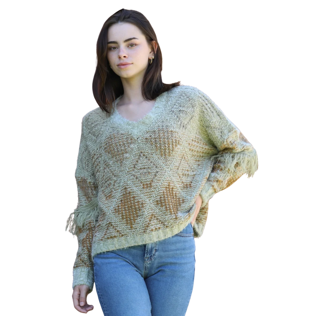 Angie Ladies Sage Fringe Sleeve Detail Pullover Sweater XHM98-ASIS-SAG