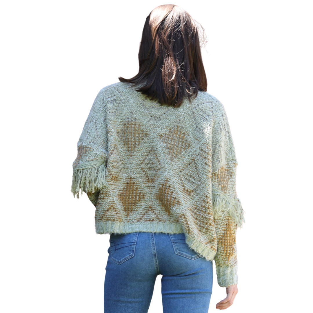 Angie Ladies Sage Fringe Sleeve Detail Pullover Sweater XHM98-ASIS-SAG