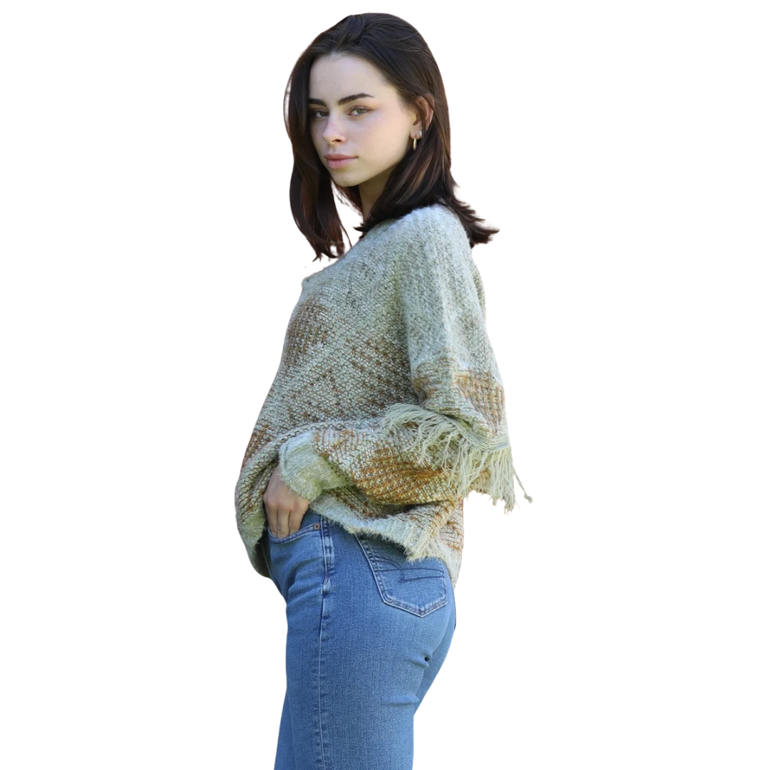 Angie Ladies Sage Fringe Sleeve Detail Pullover Sweater XHM98-ASIS-SAG