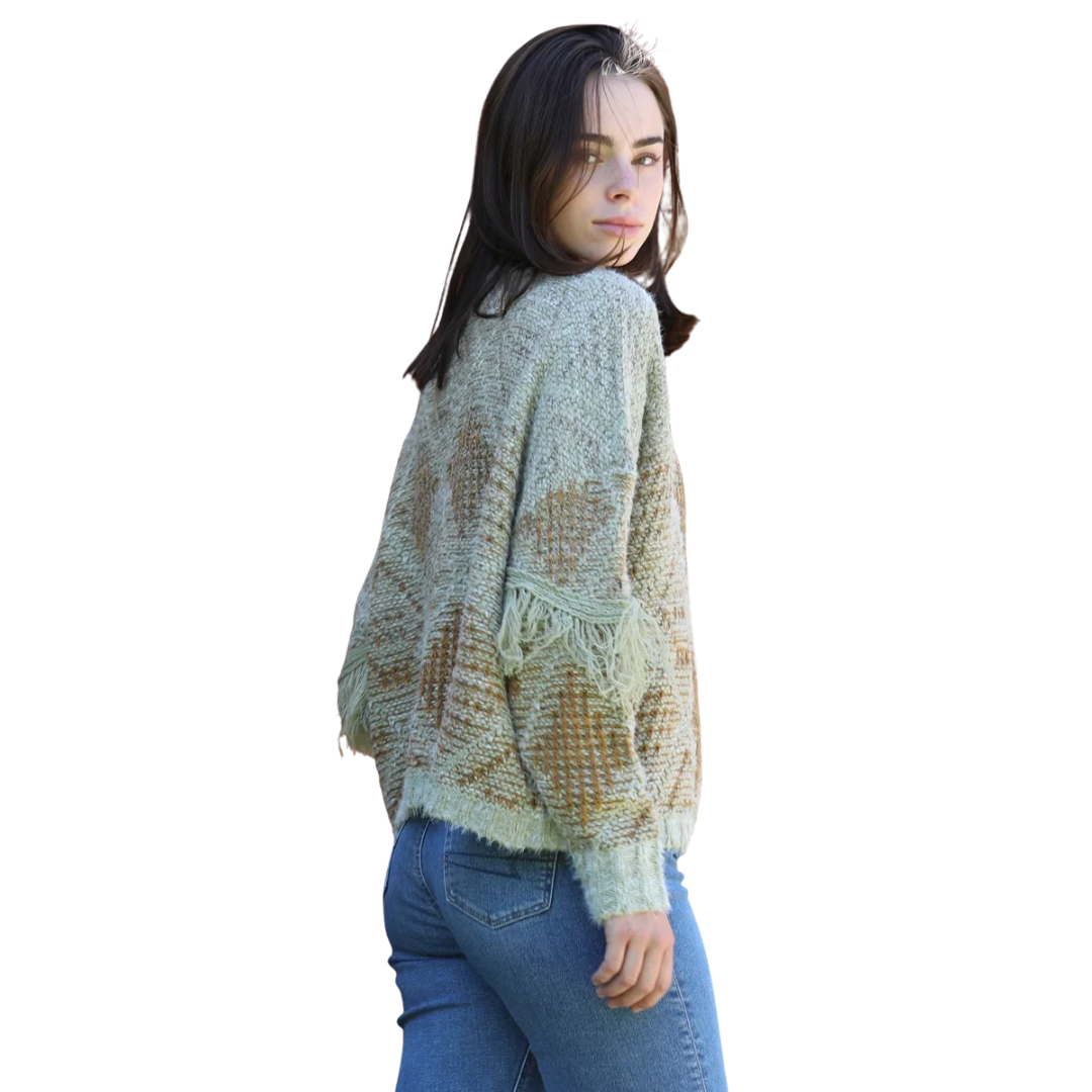 Angie Ladies Sage Fringe Sleeve Detail Pullover Sweater XHM98-ASIS-SAG