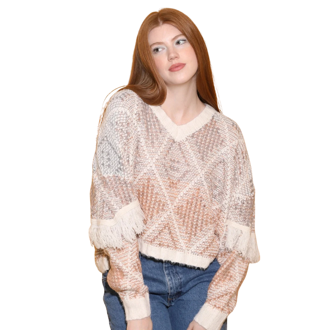 Angie Ladies Ivory Fringe Sleeve Detail Pullover Sweater XHM98-ASIS-IVY