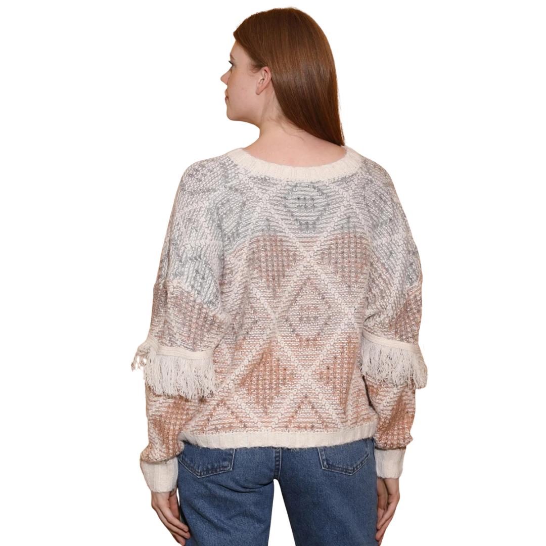 Angie Ladies Ivory Fringe Sleeve Detail Pullover Sweater XHM98-ASIS-IVY