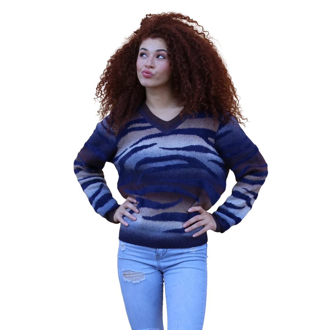Angie Ladies Blue Zebra Stripe Knit Sweater Pullover XHK53-ASIS