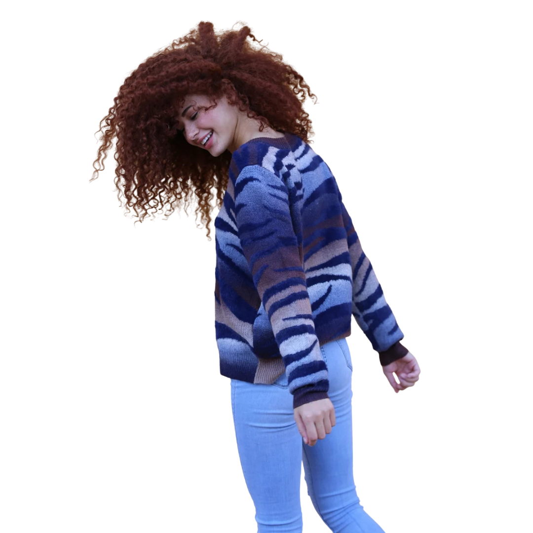 Angie Ladies Blue Zebra Stripe Knit Sweater Pullover XHK53-ASIS