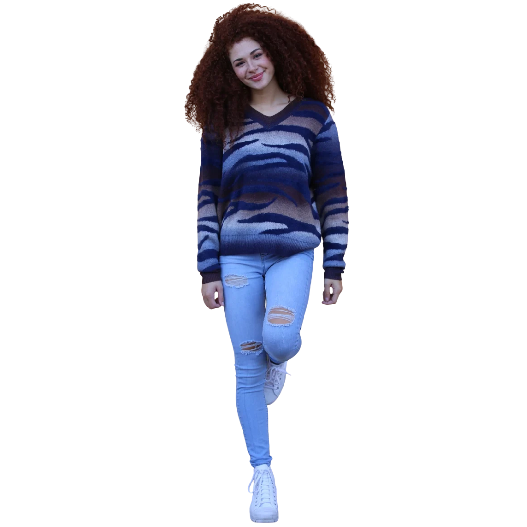 Angie Ladies Blue Zebra Stripe Knit Sweater Pullover XHK53-ASIS