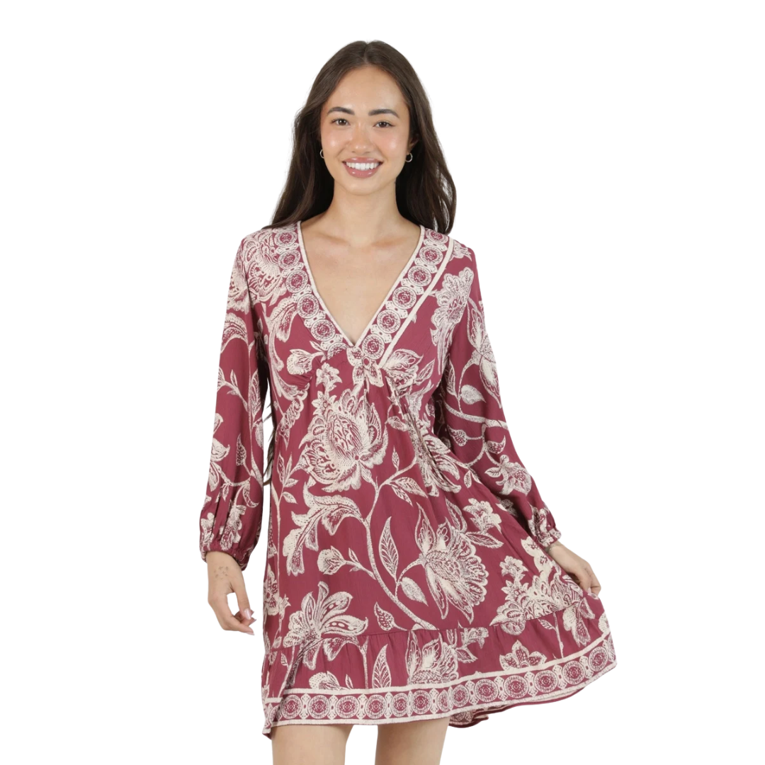 Angie Ladies Wine Floral Print V Neck Poet Sleeve Mini Dress F4E66-A954