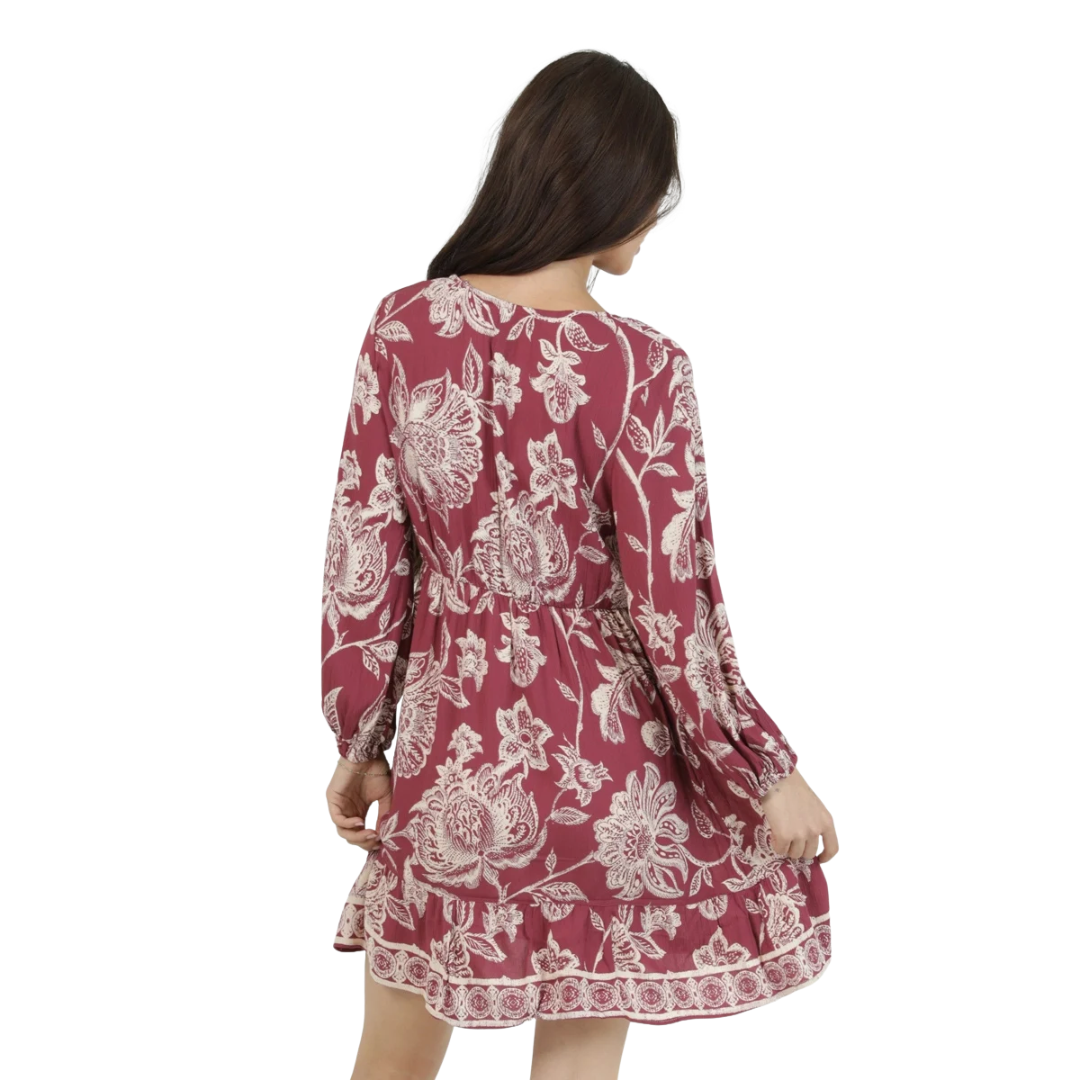 Angie Ladies Wine Floral Print V Neck Poet Sleeve Mini Dress F4E66-A954