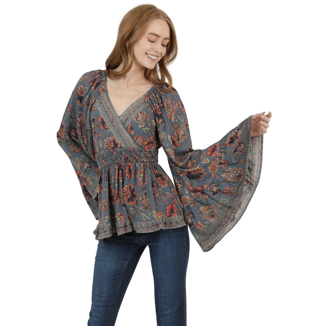 Angie Ladies Grey Floral Print Smocked Waist Bell Sleeve Blouse C2D69-FR39