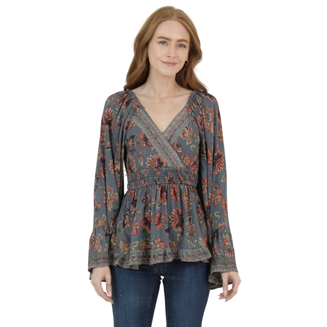 Angie Ladies Grey Floral Print Smocked Waist Bell Sleeve Blouse C2D69-FR39