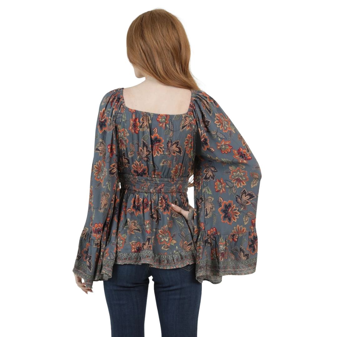 Angie Ladies Grey Floral Print Smocked Waist Bell Sleeve Blouse C2D69-FR39