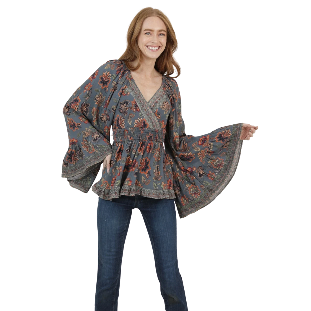 Angie Ladies Grey Floral Print Smocked Waist Bell Sleeve Blouse C2D69-FR39