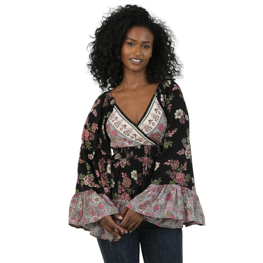 Angie Ladies Black Floral Print V Neck Blouse C2D69-AA07
