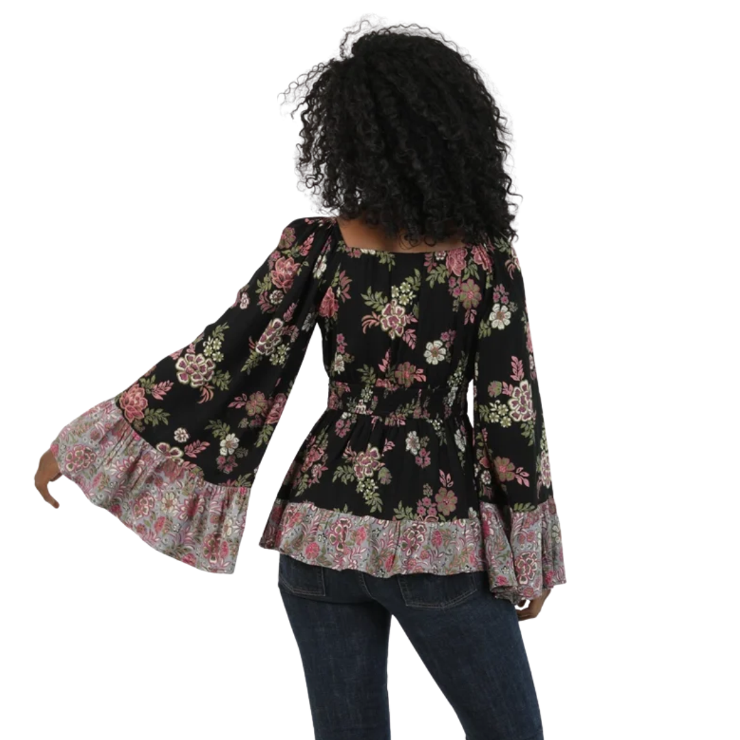 Angie Ladies Black Floral Print V Neck Blouse C2D69-AA07