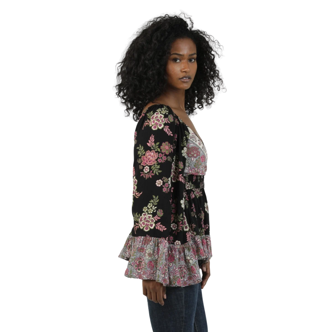 Angie Ladies Black Floral Print V Neck Blouse C2D69-AA07