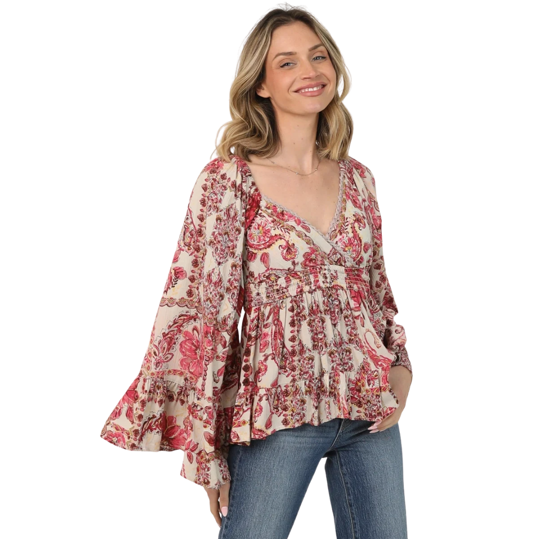 Angie Ladies Pink Floral Print Wide Bell Sleeve V Neck Blouse C2D69-A975