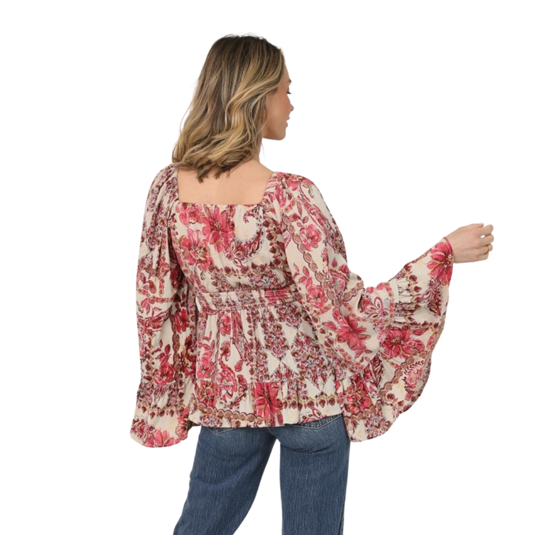 Angie Ladies Pink Floral Print Wide Bell Sleeve V Neck Blouse C2D69-A975