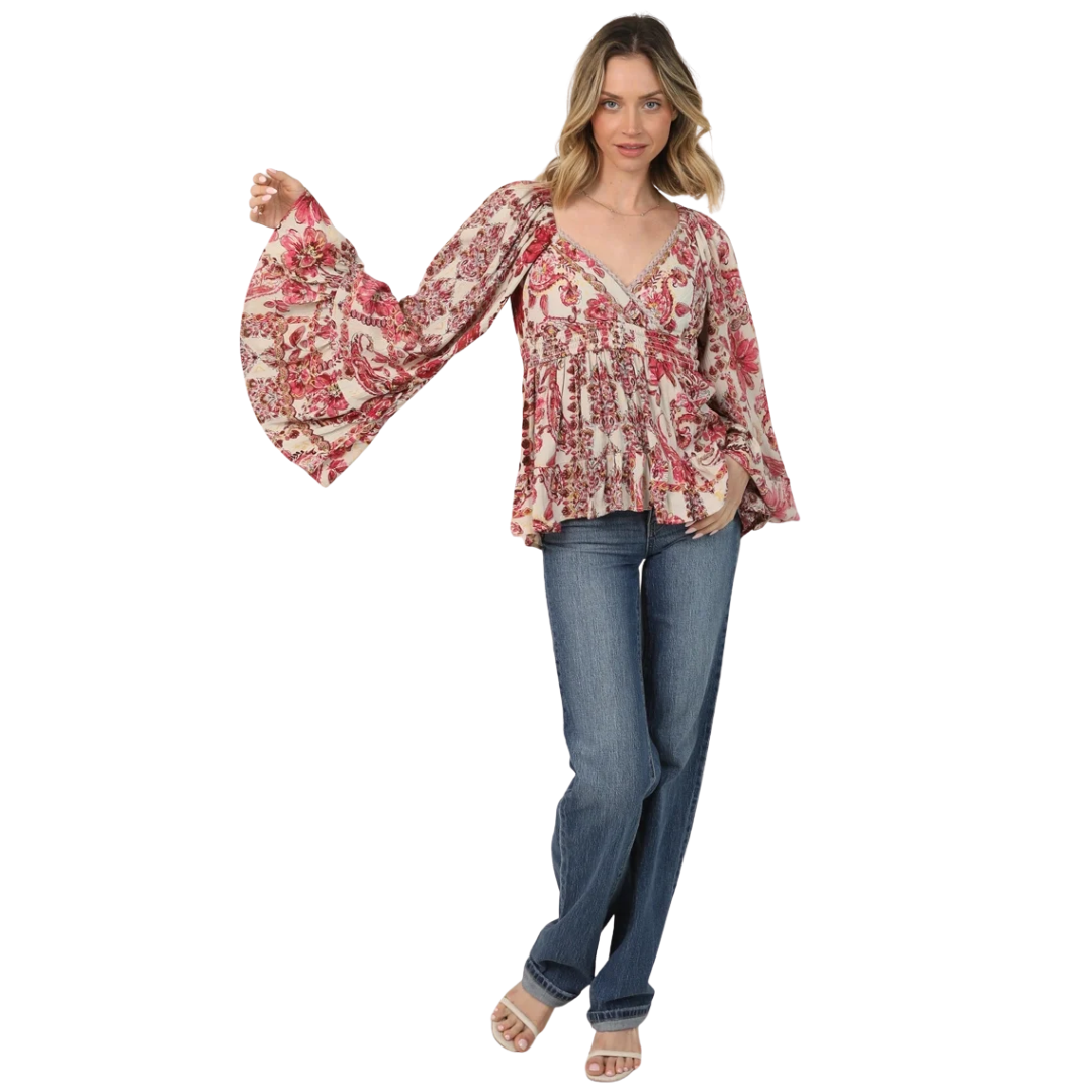Angie Ladies Pink Floral Print Wide Bell Sleeve V Neck Blouse C2D69-A975