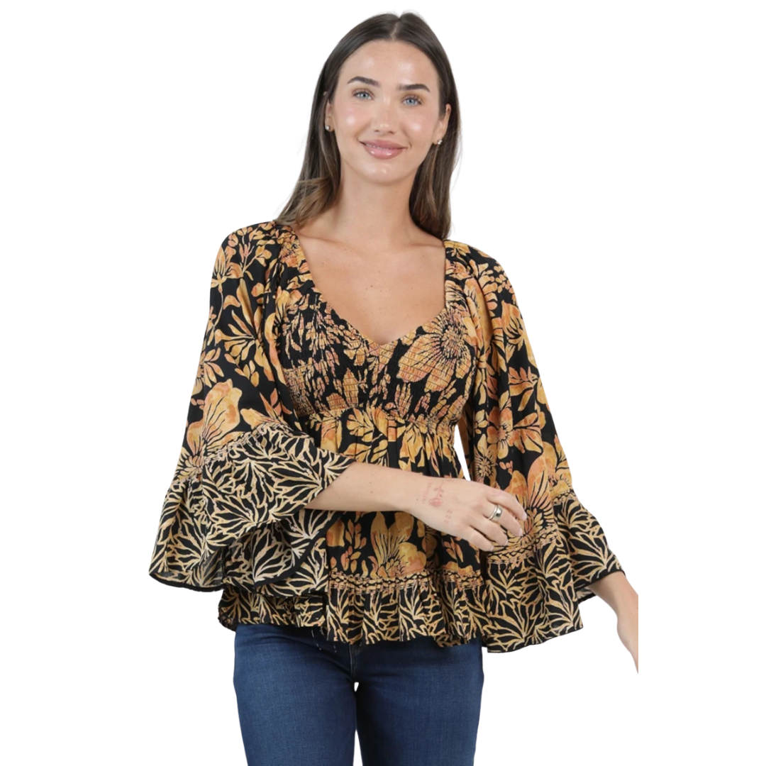Angie Ladies Black Floral Smocked Bust Flare Sleeve Blouse C2584-AA17