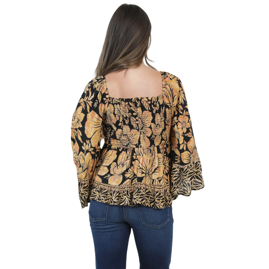Angie Ladies Black Floral Smocked Bust Flare Sleeve Blouse C2584-AA17