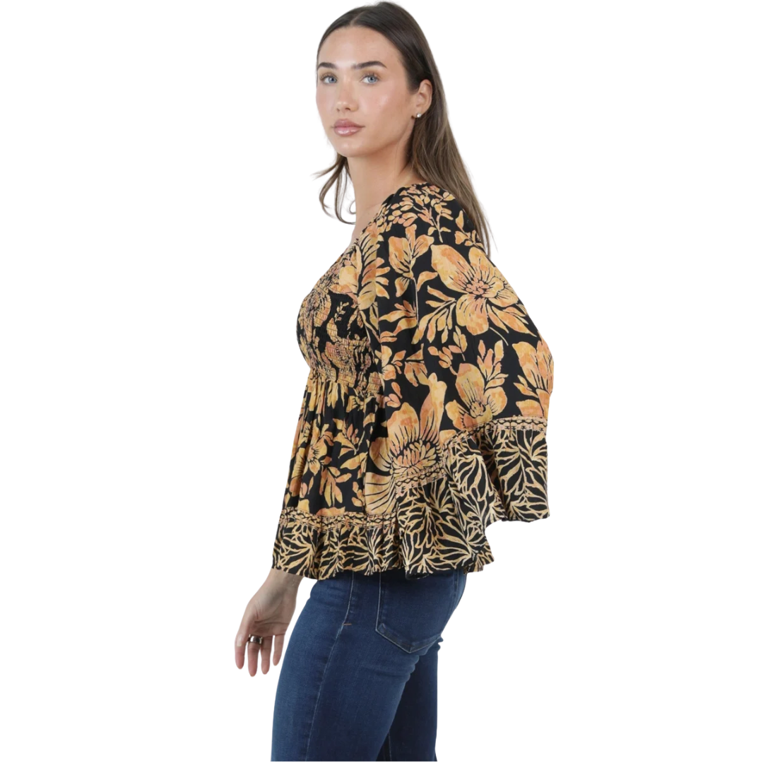 Angie Ladies Black Floral Smocked Bust Flare Sleeve Blouse C2584-AA17