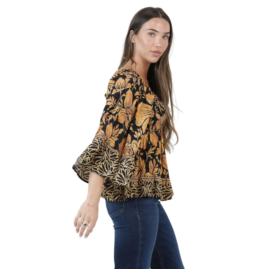 Angie Ladies Black Floral Smocked Bust Flare Sleeve Blouse C2584-AA17