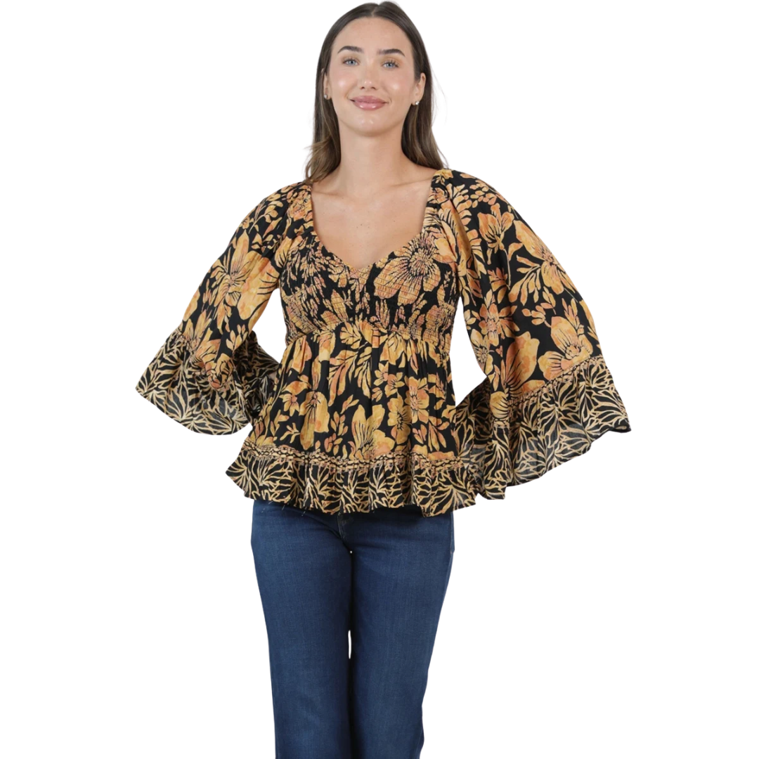 Angie Ladies Black Floral Smocked Bust Flare Sleeve Blouse C2584-AA17