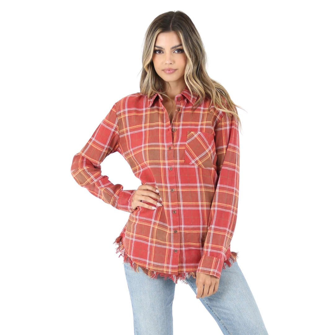 Angie Ladies Rust Plaid Frayed Hem Button Down Shirt B2U78-RS34