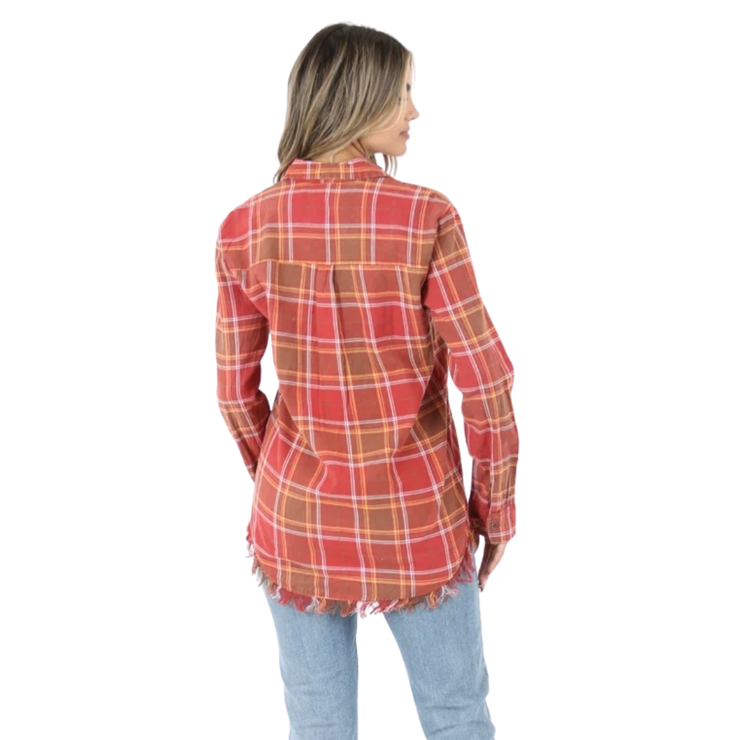 Angie Ladies Rust Plaid Frayed Hem Button Down Shirt B2U78-RS34