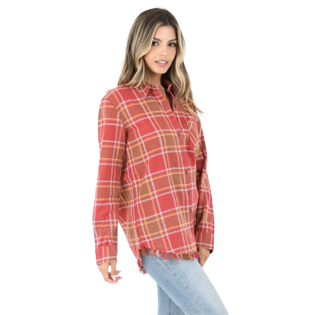 Angie Ladies Rust Plaid Frayed Hem Button Down Shirt B2U78-RS34