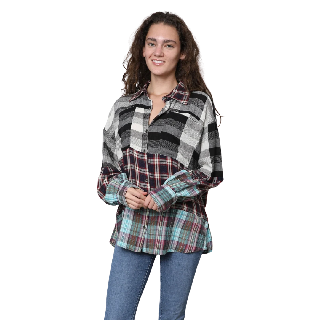 Angie Ladies Blue Mixed Plaid Print Button Down Shirt H2203-RS55-RS28-RG12