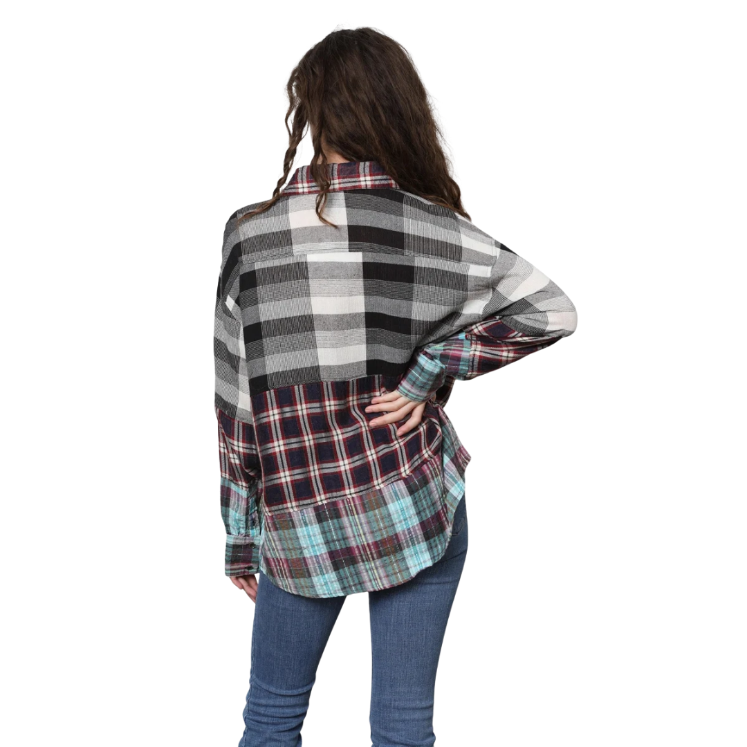 Angie Ladies Blue Mixed Plaid Print Button Down Shirt H2203-RS55-RS28-RG12