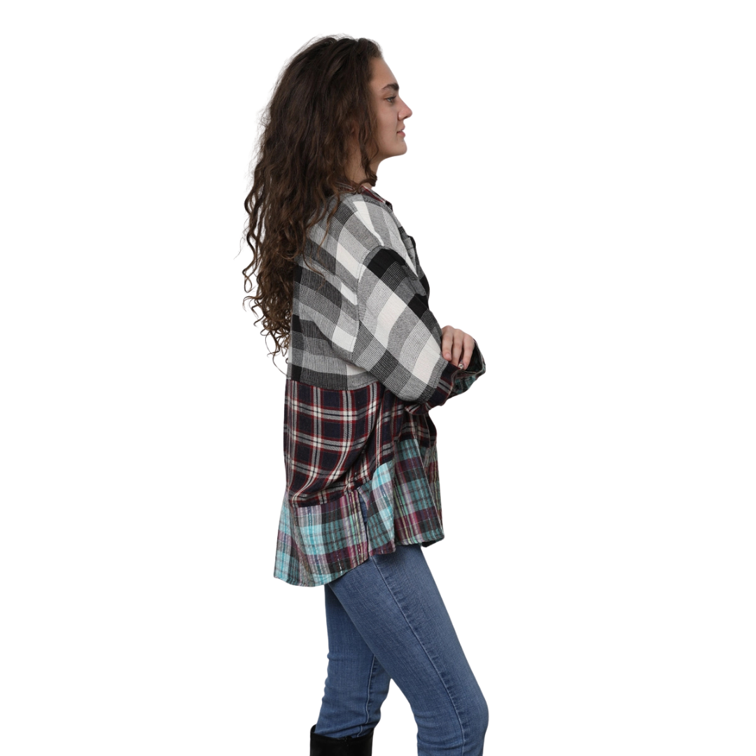 Angie Ladies Blue Mixed Plaid Print Button Down Shirt H2203-RS55-RS28-RG12