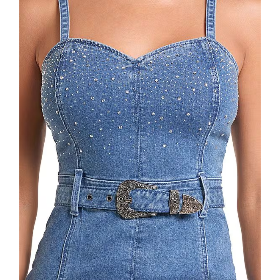 Rock & Roll Denim Ladies Blue Crystal Rhinestone Studded Dress BWD0D10381