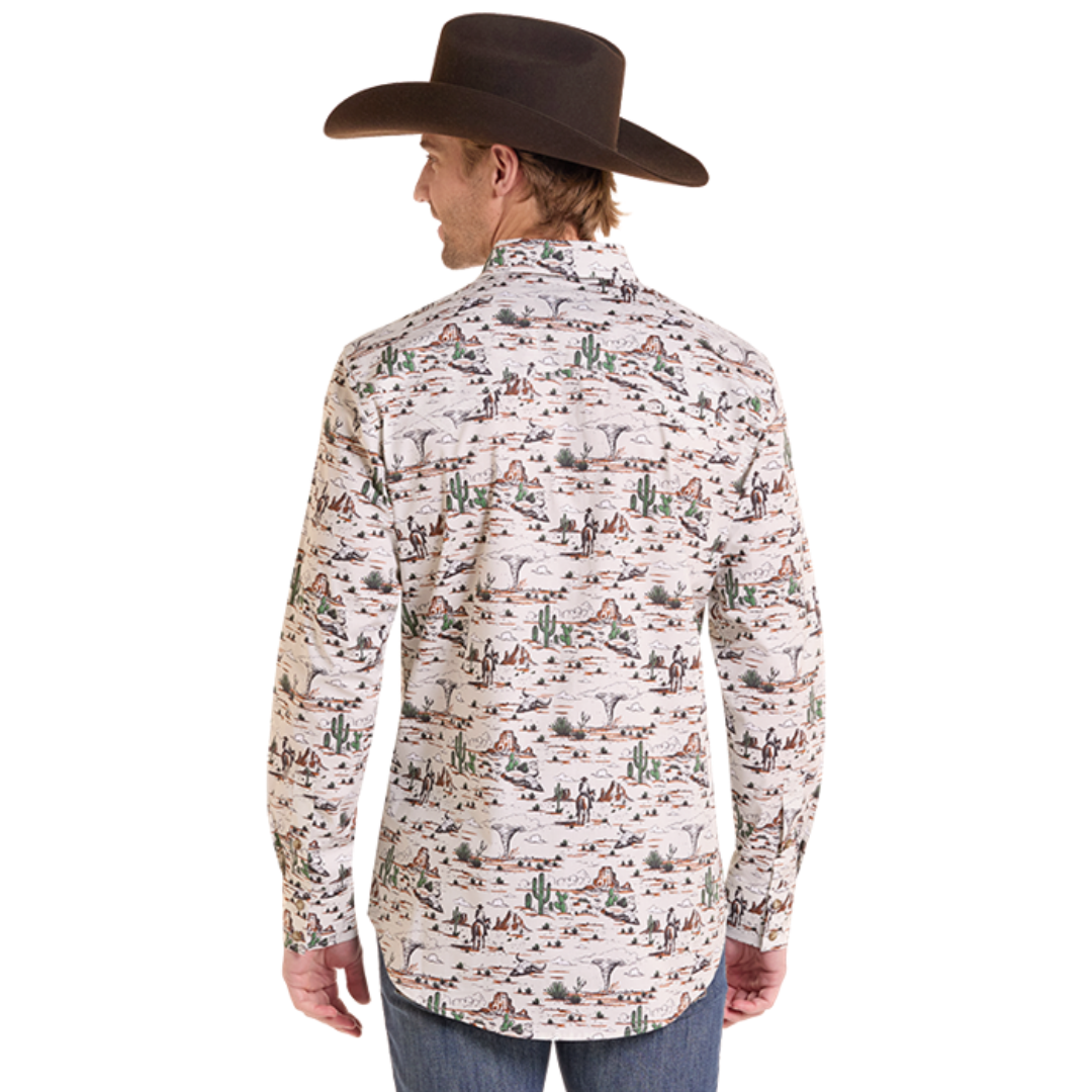 Rock & Roll Denim Mens Cream Novelty Landscape Print Button Down BMN2S10122