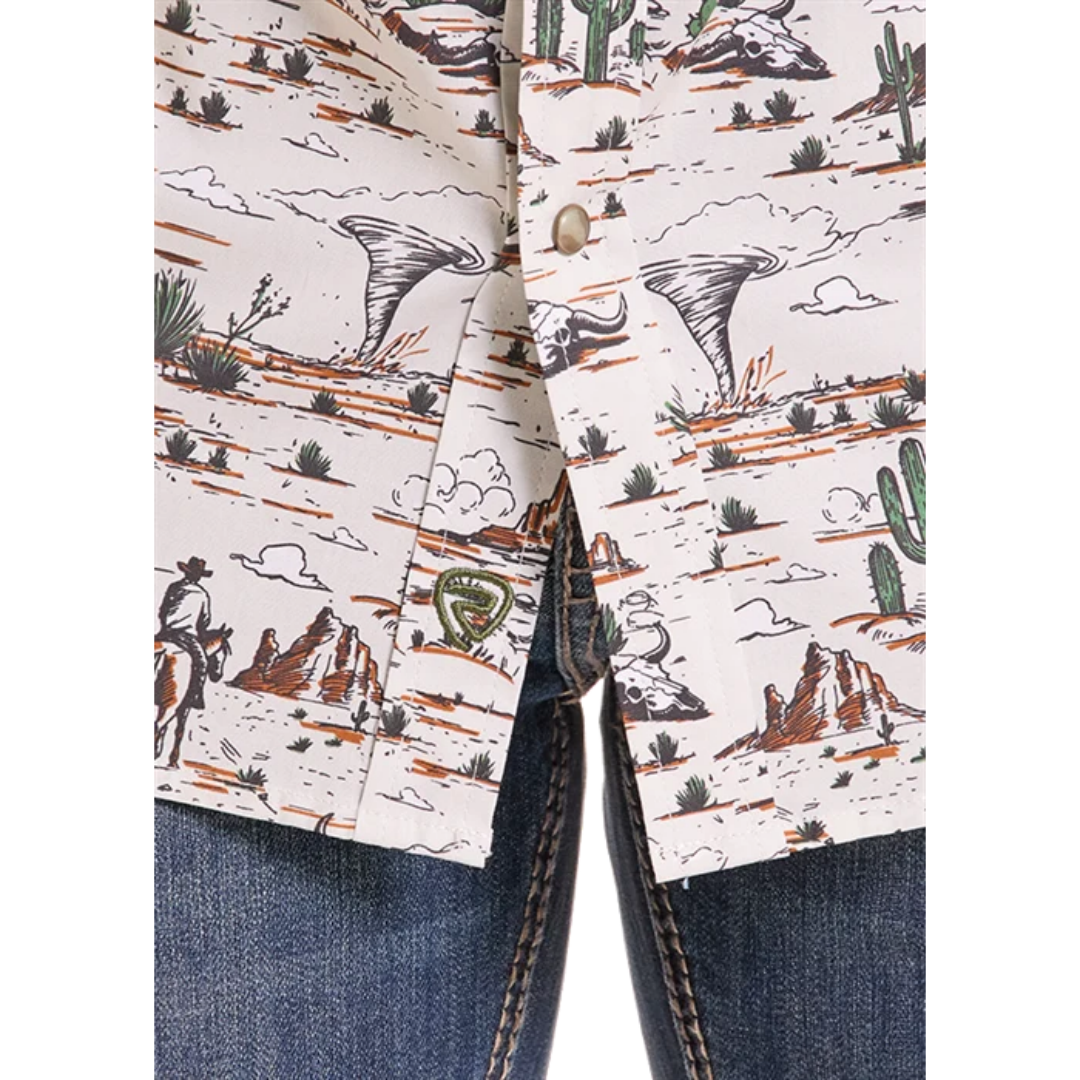 Rock & Roll Denim Mens Cream Novelty Landscape Print Button Down BMN2S10122