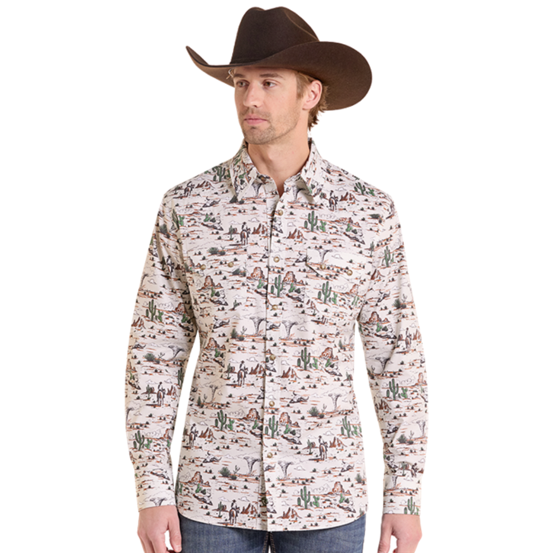 Rock & Roll Denim Mens Cream Novelty Landscape Print Button Down BMN2S10122