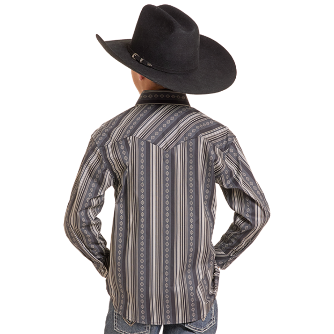 Rock & Roll Denim Boys Medallion Grey Striped Button Down BBN2S10118