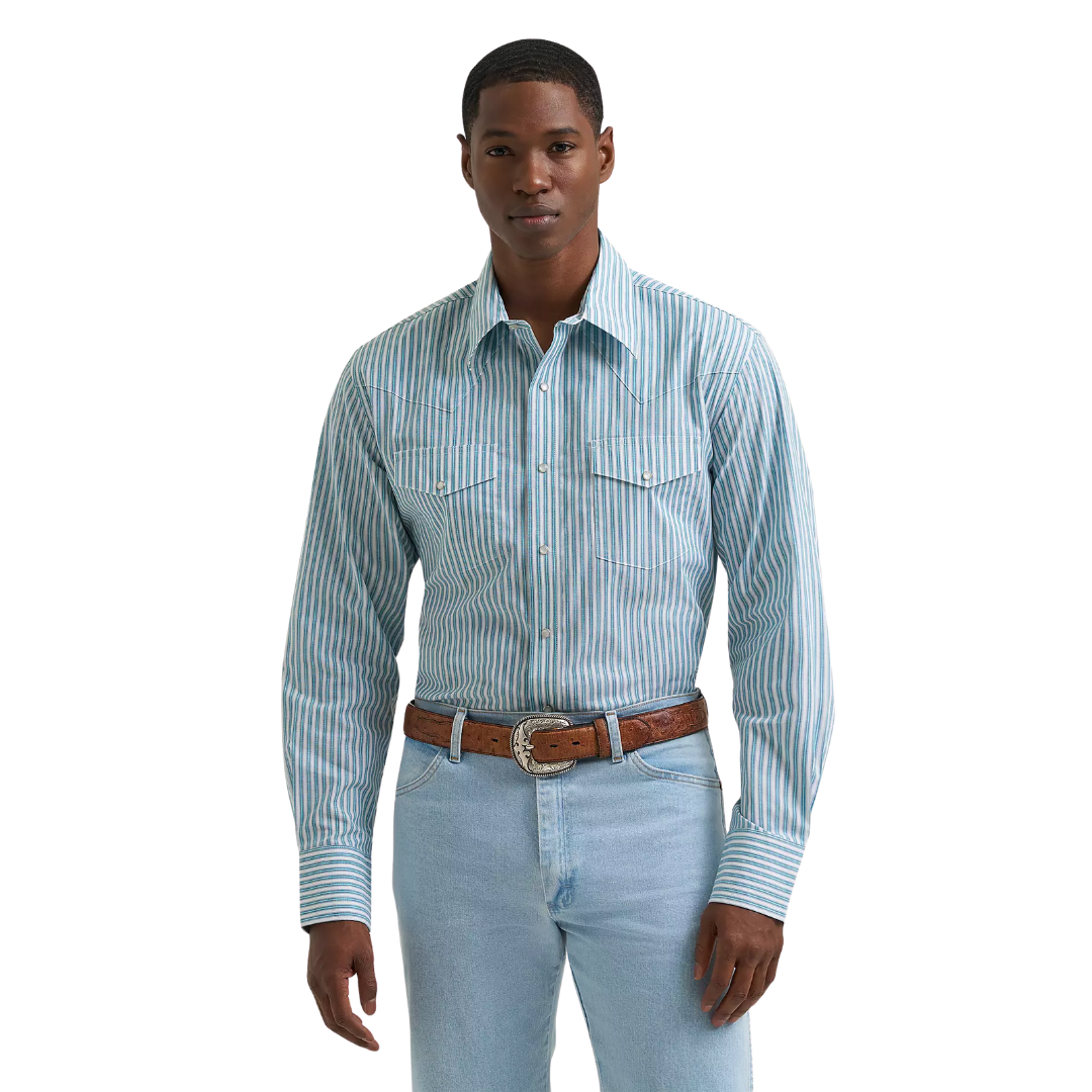 Wrangler Men's Wrinkle Resist Blue Stripe Print Snap Shirt 112385343