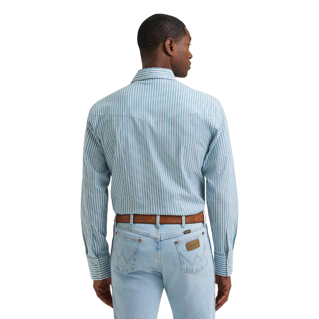 Wrangler Men's Wrinkle Resist Blue Stripe Print Snap Shirt 112385343