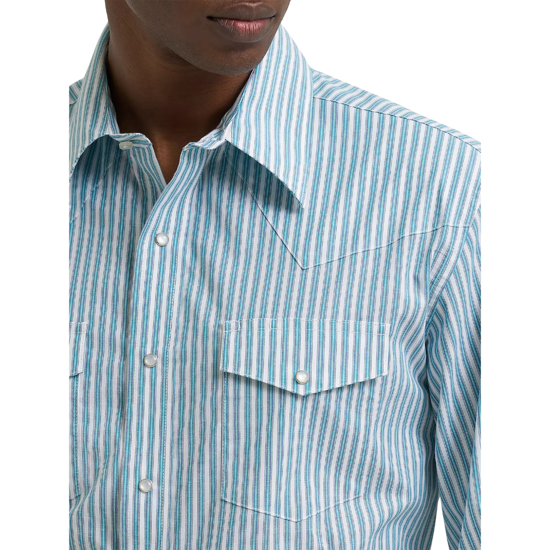 Wrangler Men's Wrinkle Resist Blue Stripe Print Snap Shirt 112385343