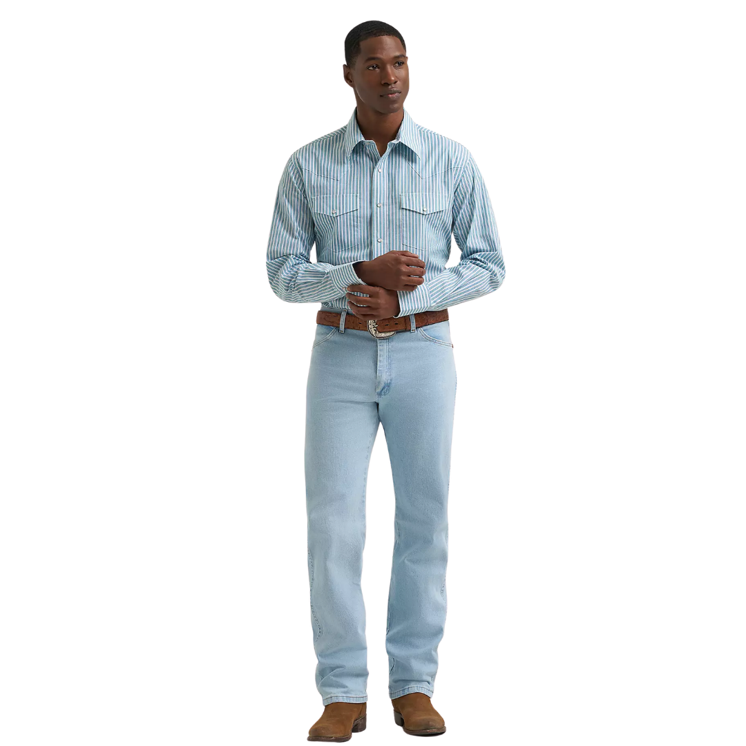 Wrangler Men's Wrinkle Resist Blue Stripe Print Snap Shirt 112385343