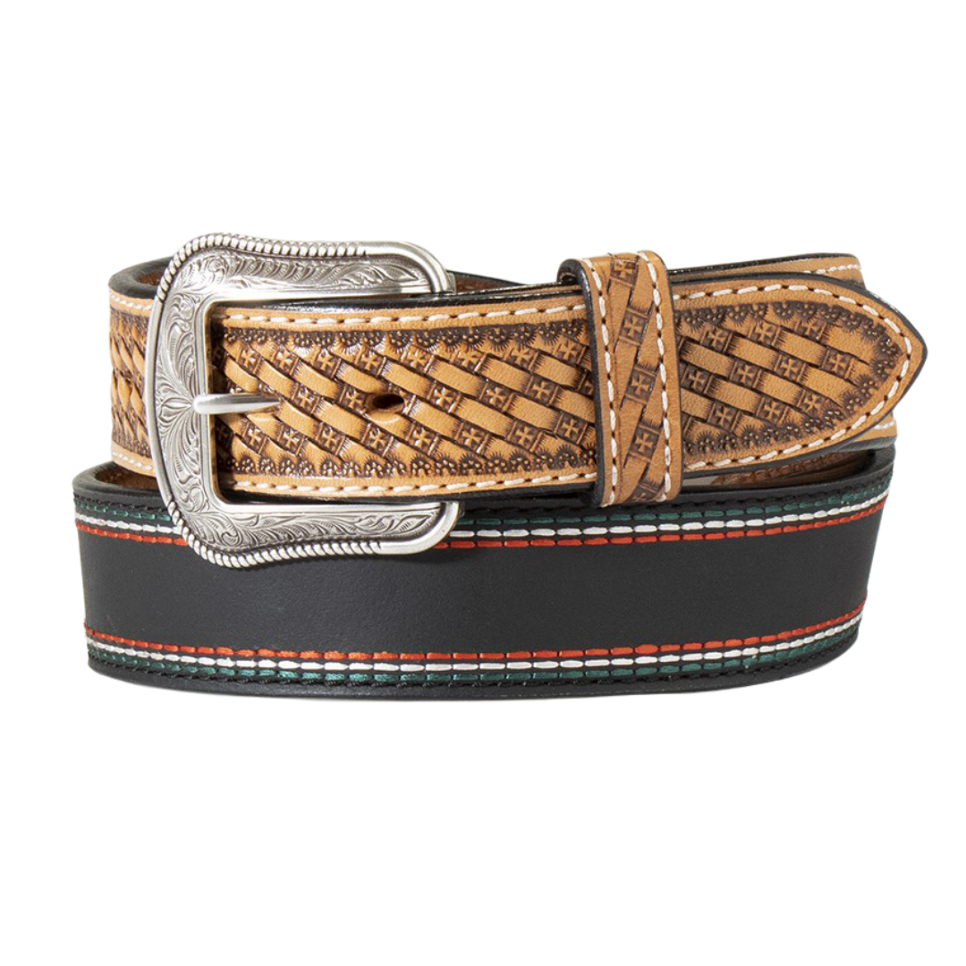 3D Men's Mexico Flag Stitching Tooled Western Belt D100016101